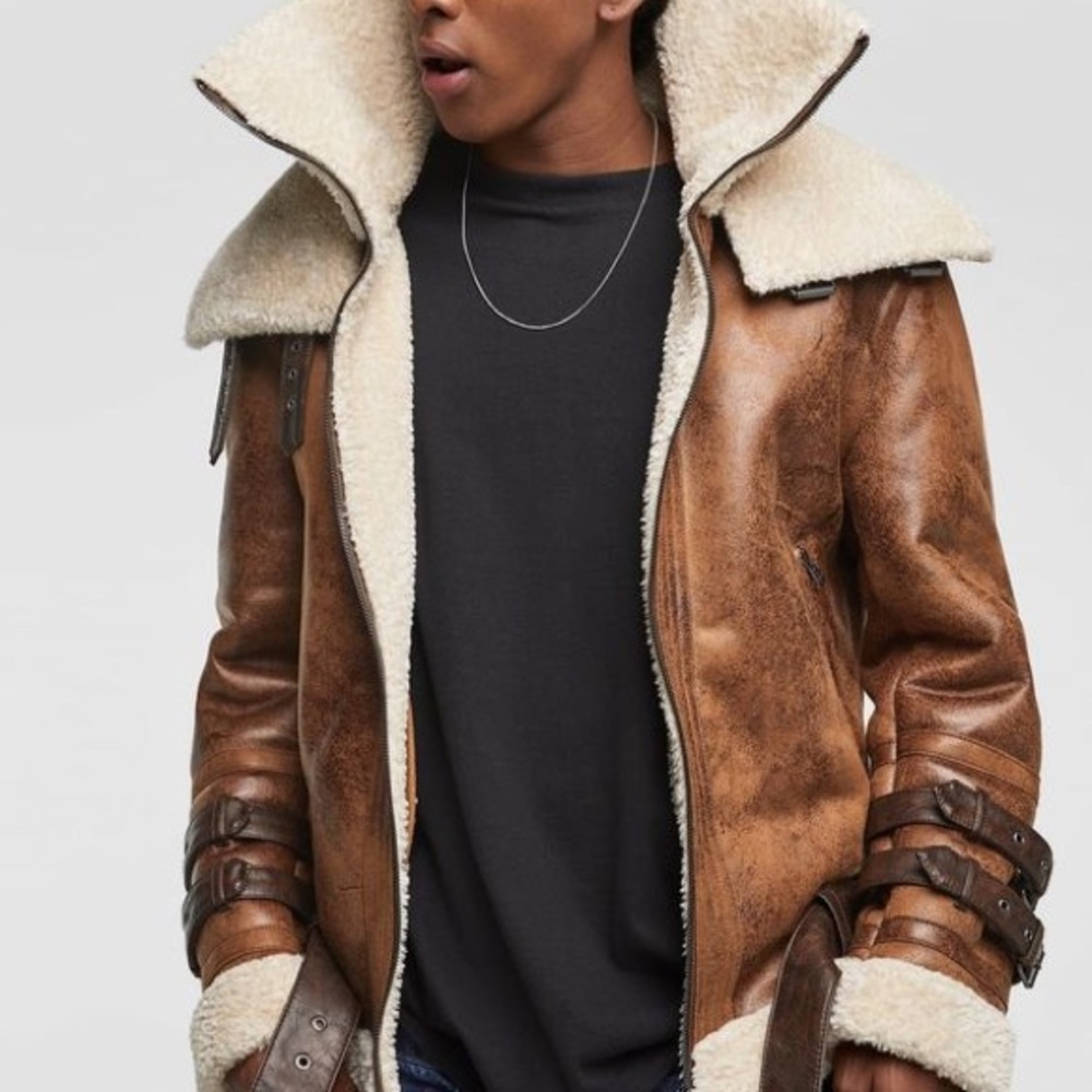 ZARA MEN BROWN FAUX LEATHER CONTRAST DOUBLE COLLAR JACKET 0706/205 M